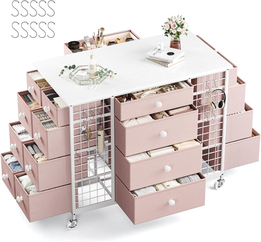 24 Drawers White Dresser for Bedroom, Dressers & Chests of Drawers with 4 Wheels and 40 * 23 Wide Wooden Top, Metal Frame, Closet Island…