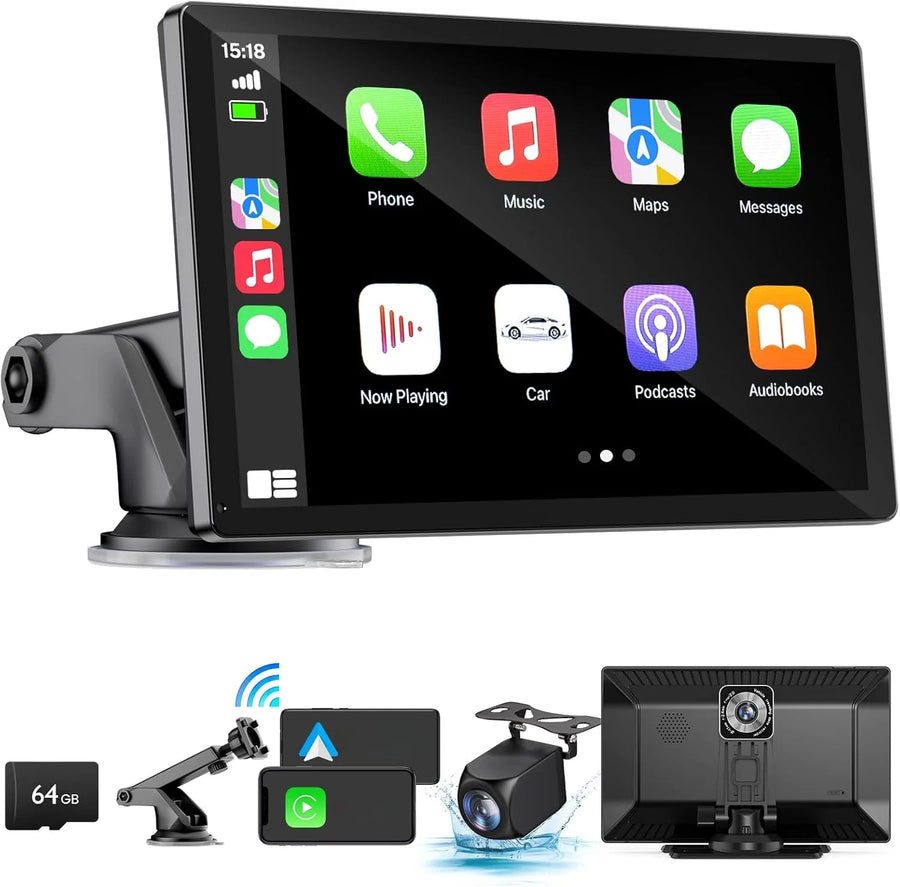 Wireless Apple Carplay Screen for Car 4K Dash Cam 9 Portable Apple Carplay Android Auto Car Stereo with 1080P Backup Camera GPS Navigation M