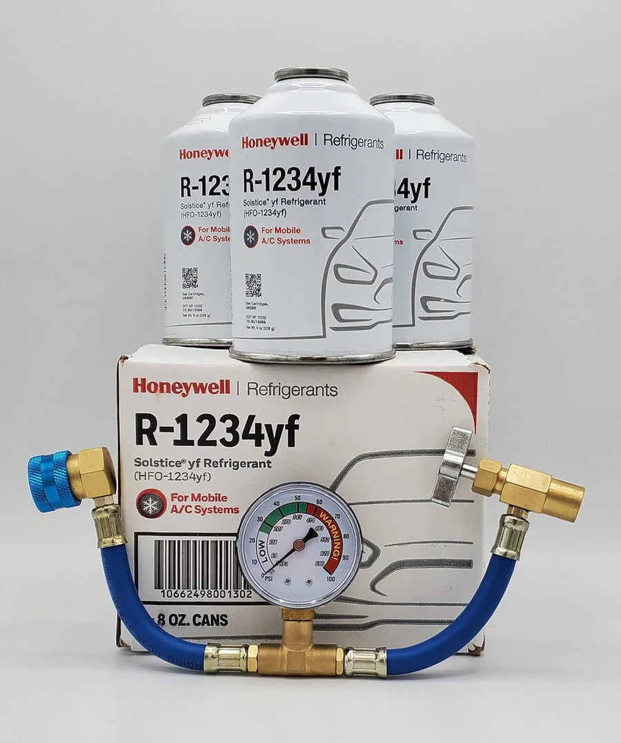 8OZ R1234YF Refrigerant (3 Freon Cans) & HD Brass Can Tap with Gauge