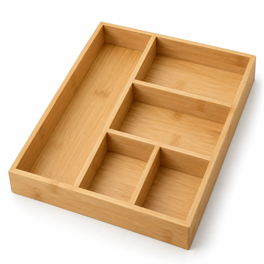 Natural Bamboo Desk Drawer Organizer, 5 Compartments
