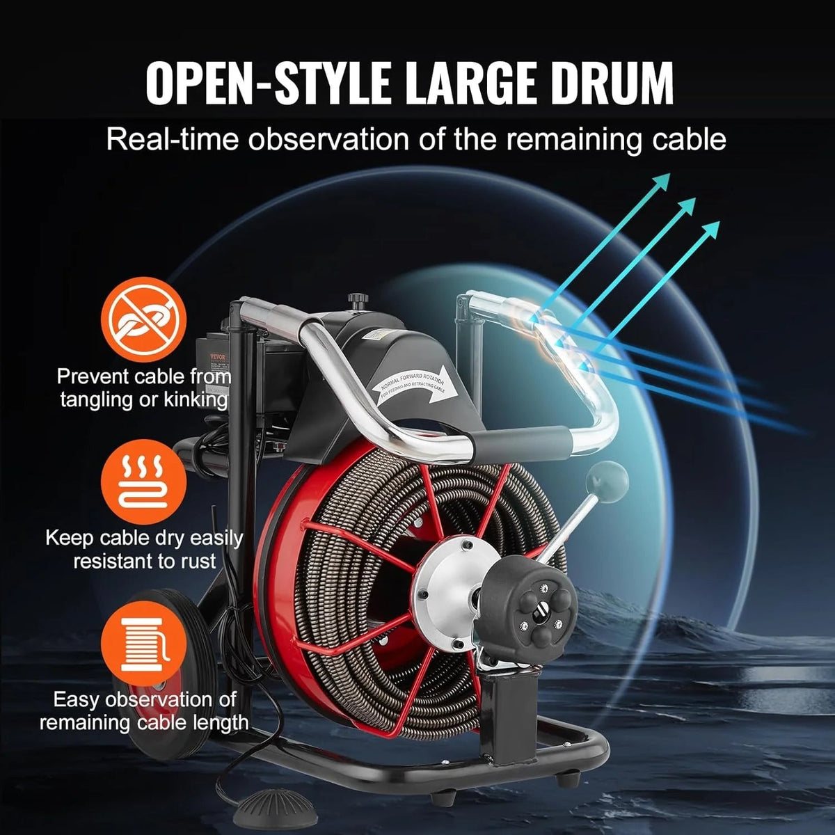 Drain Cleaner Machine 100FT X 1/2 Inch, Auto Feed Sewer Snake Auger on Wheels, 550W Portable Drain Cleaning Machine with 8 Cutters &…