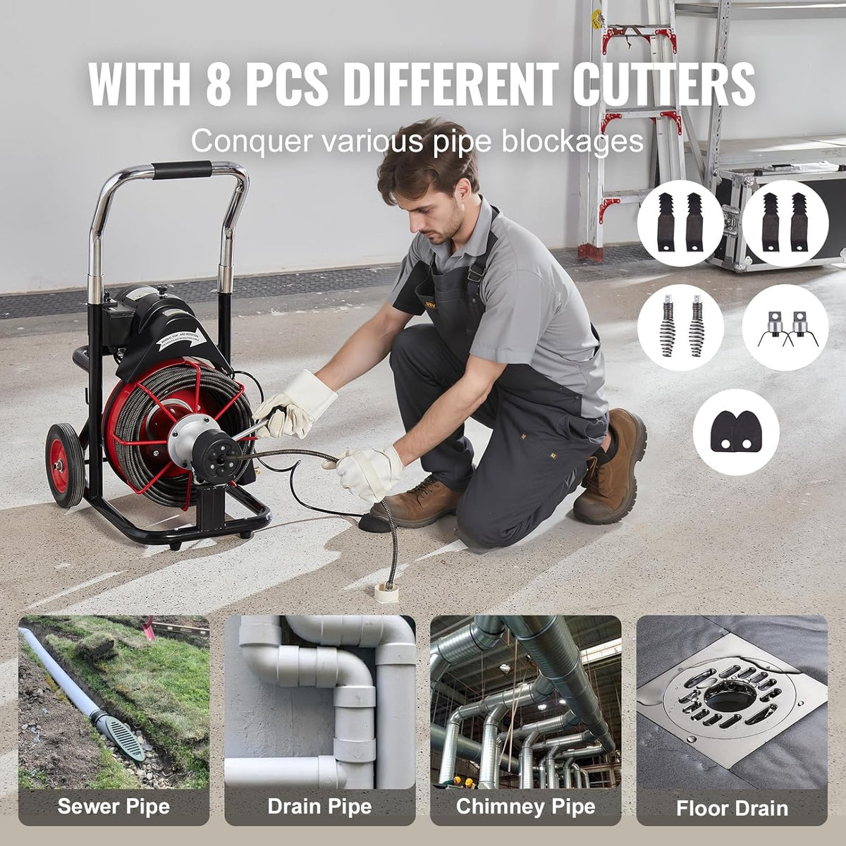 Drain Cleaner Machine 100FT X 1/2 Inch, Auto Feed Sewer Snake Auger on Wheels, 550W Portable Drain Cleaning Machine with 8 Cutters &…