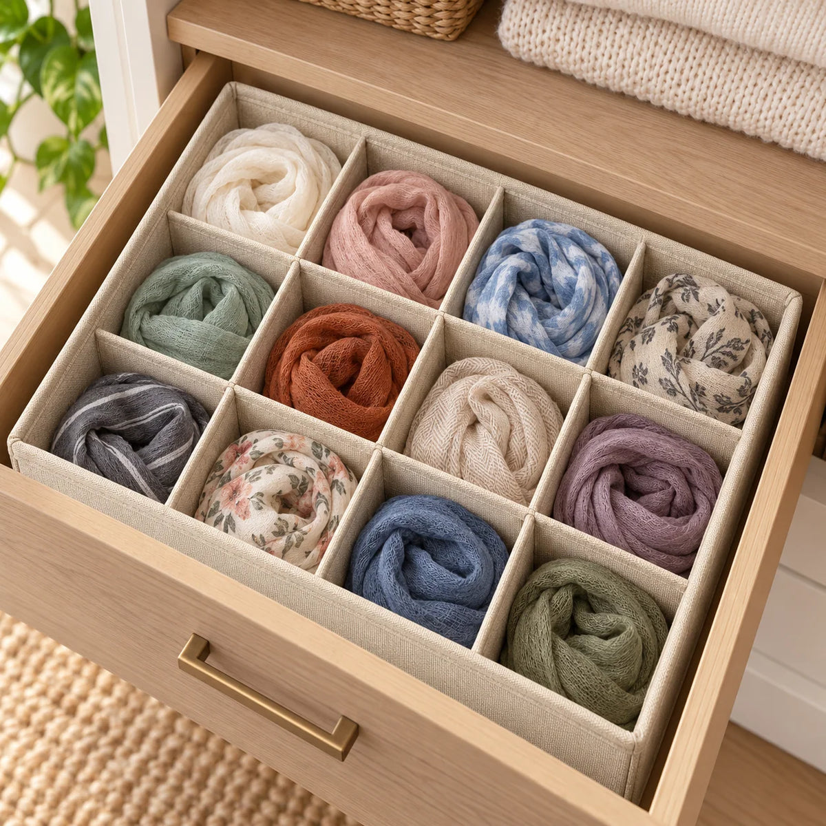 Oatmeal Fabric Sock Drawer Organizer, 12 Cells