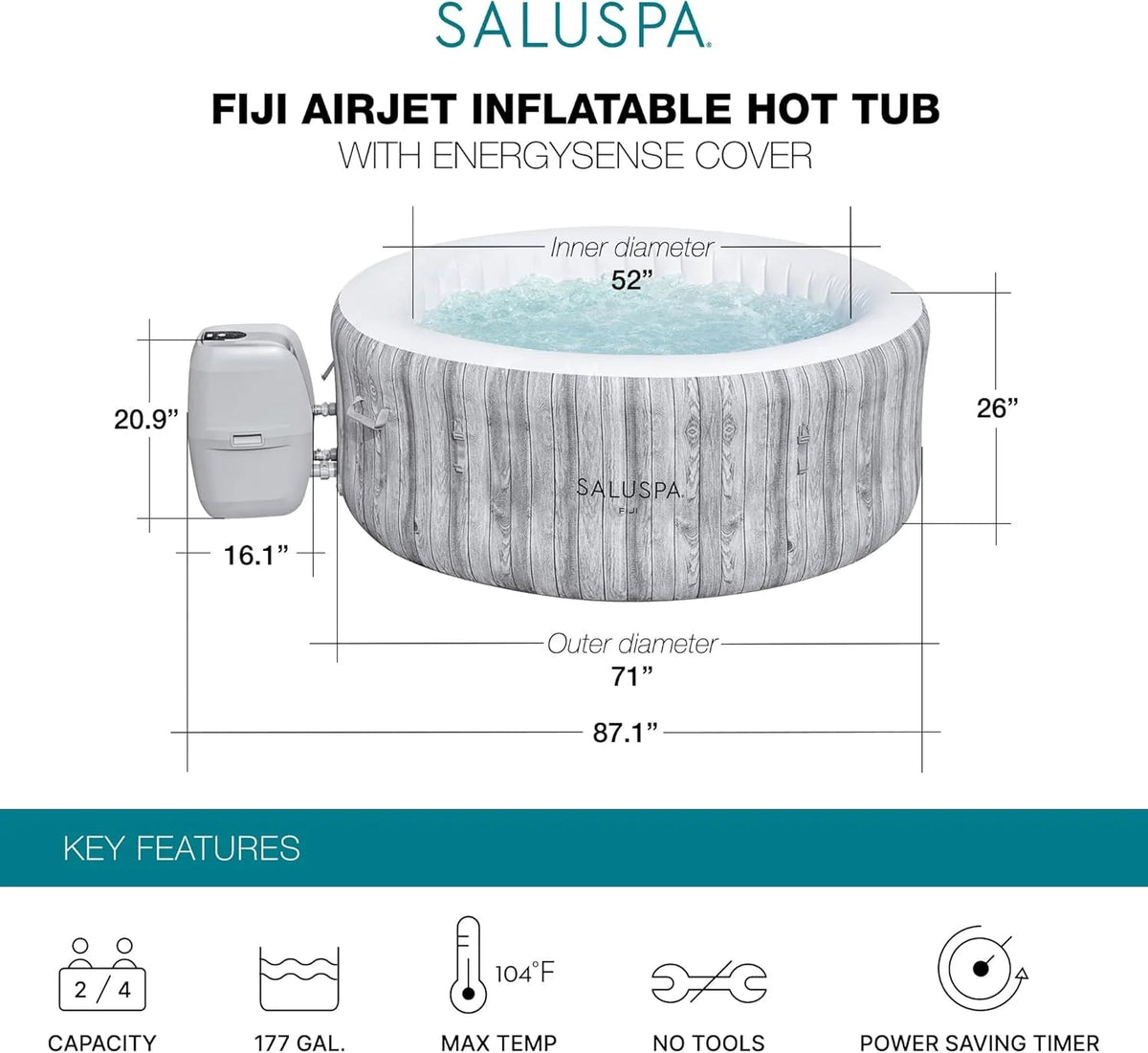 Large Round 2 to 4 Person Inflatable Hot Tub Portable Outdoor Spa with 120 Airjets and Energysense Cover, Grey