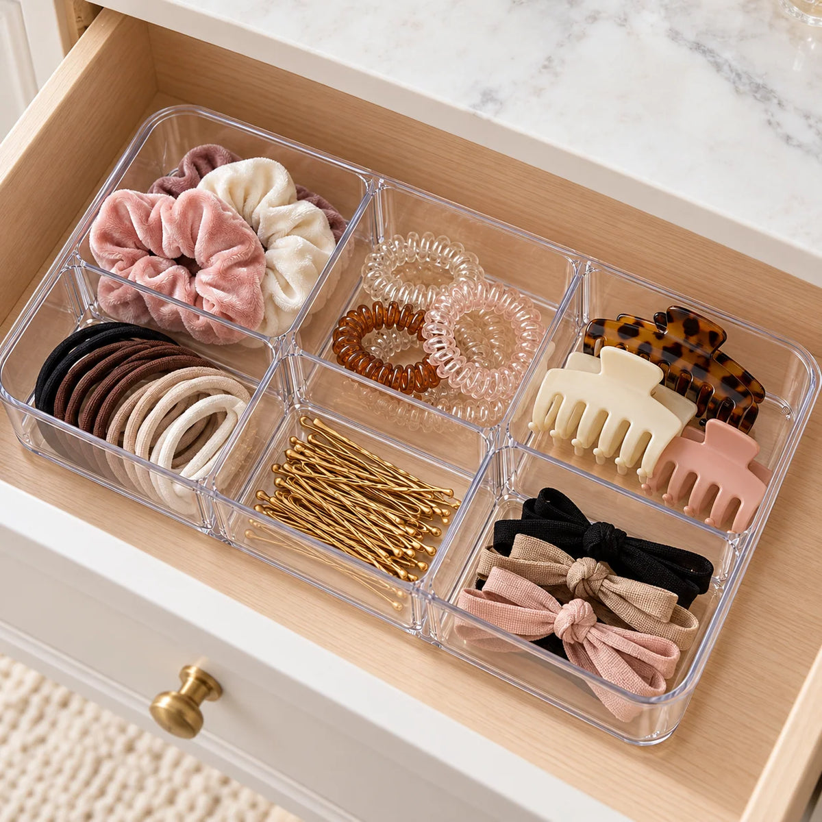Clear Drawer Organizer Tray, 6 Compartments