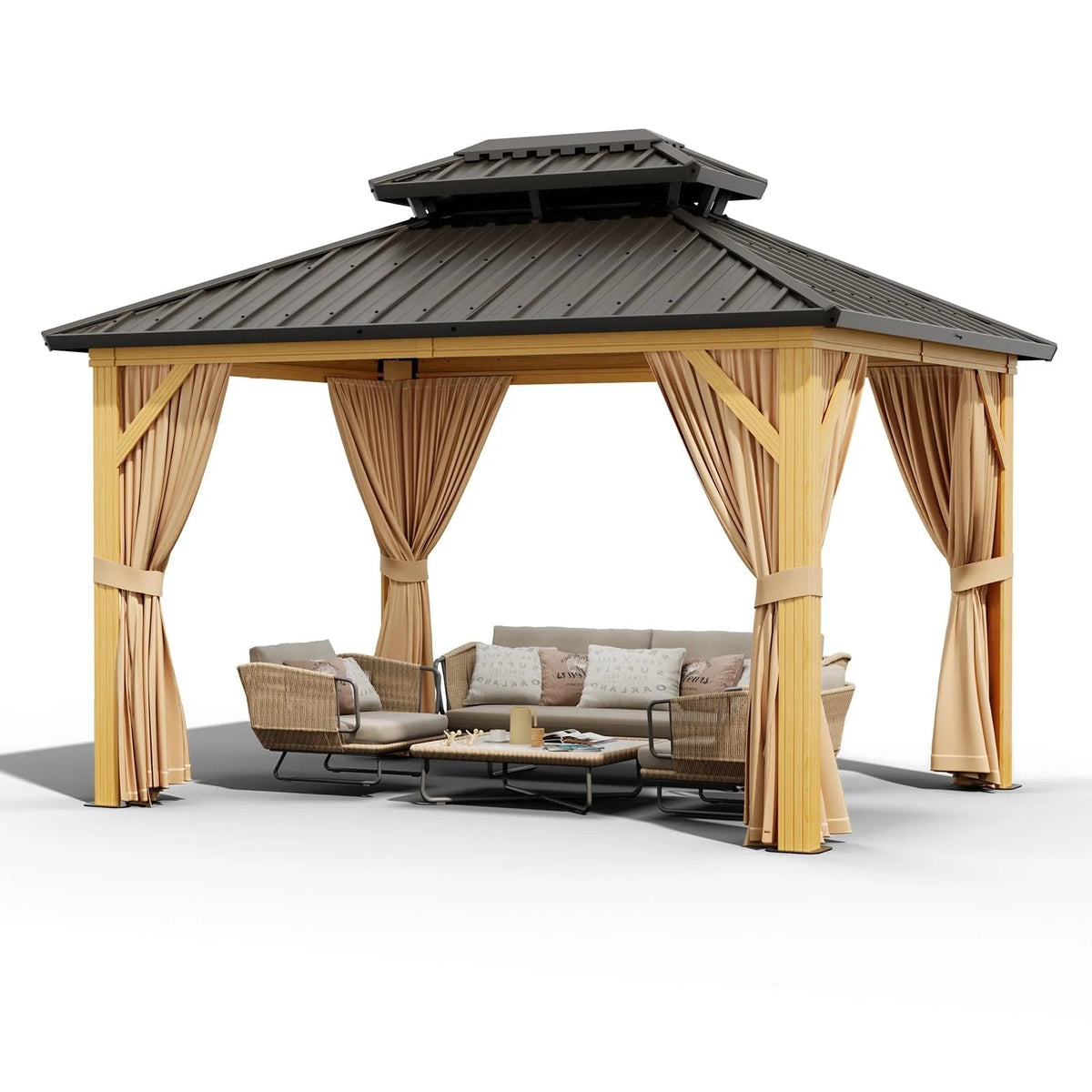 10X13 ft Outdoor Galvanised Steel Hardtop Gazebo, Heavy Duty Double Roof Outdoor Gazebo with Netting and Sunshade Curtains, Aluminium Framed…