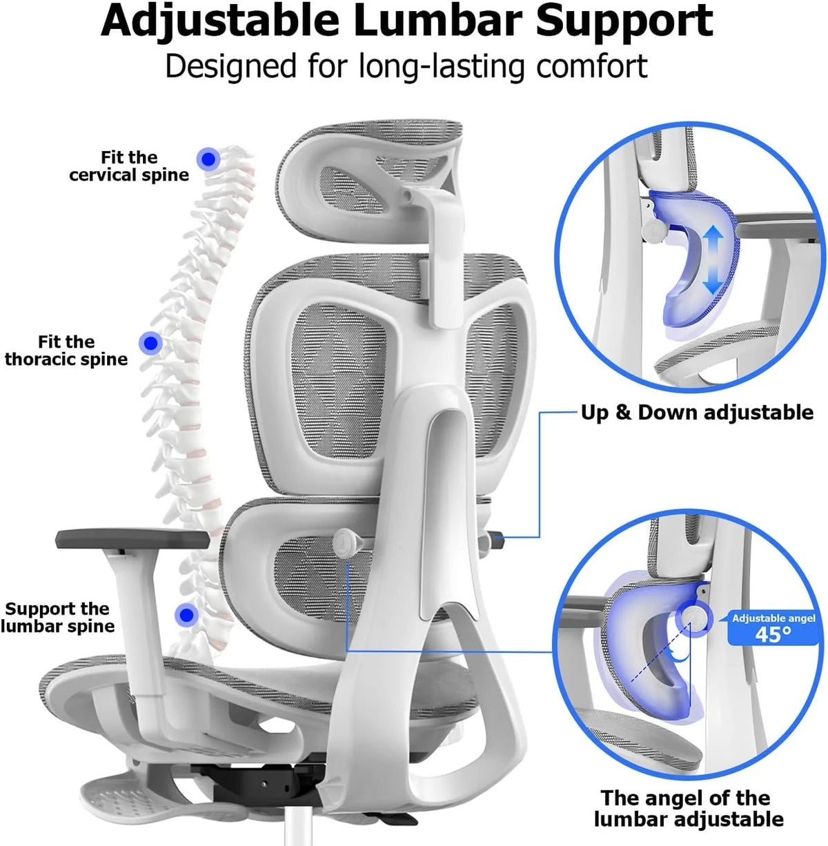 3D Ergonomic Office Chair - High Back Mesh Desk Chair with 3D Adjustable Armrests, Wheels, for Home and Office