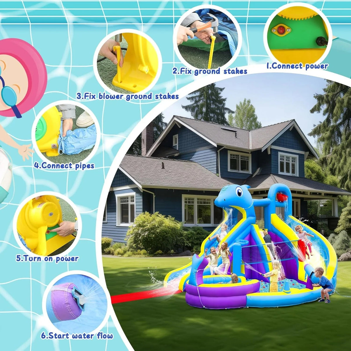 11-IN-1 Inflatable Water Slide & Dolphin Bounce House W/2 Long Slides, 19.7 ft X 13.1 ft Extra Large Waterslide Climbing Wall W/small Deeper…