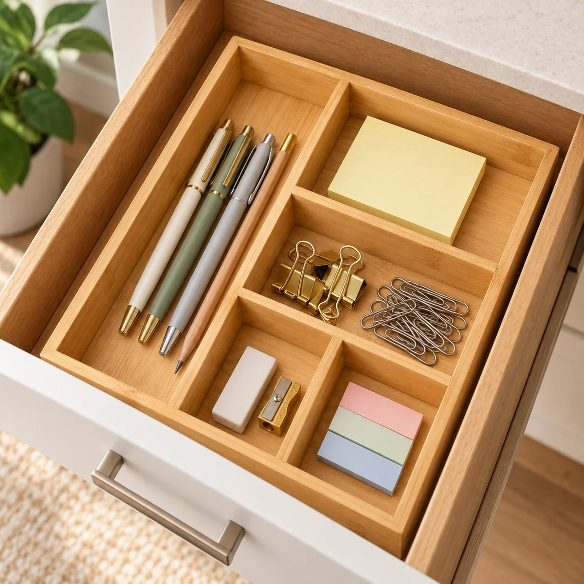 Natural Bamboo Desk Drawer Organizer, 5 Compartments