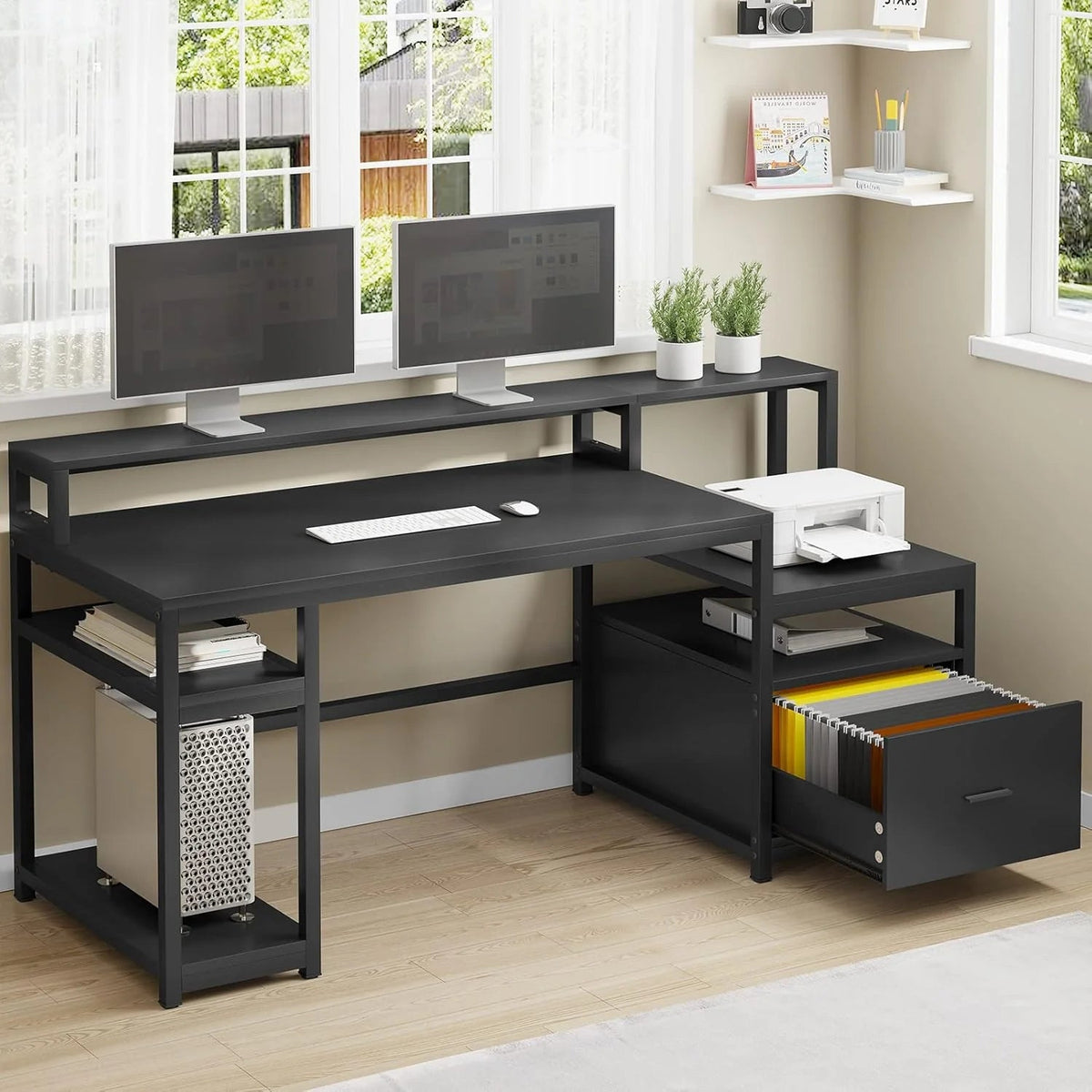 White Computer Desk with 5 Drawer & Power Outlet, 66'' Home Office Desk with File Drawer, Storage Shelves, Printer Cabinet and Monitor…