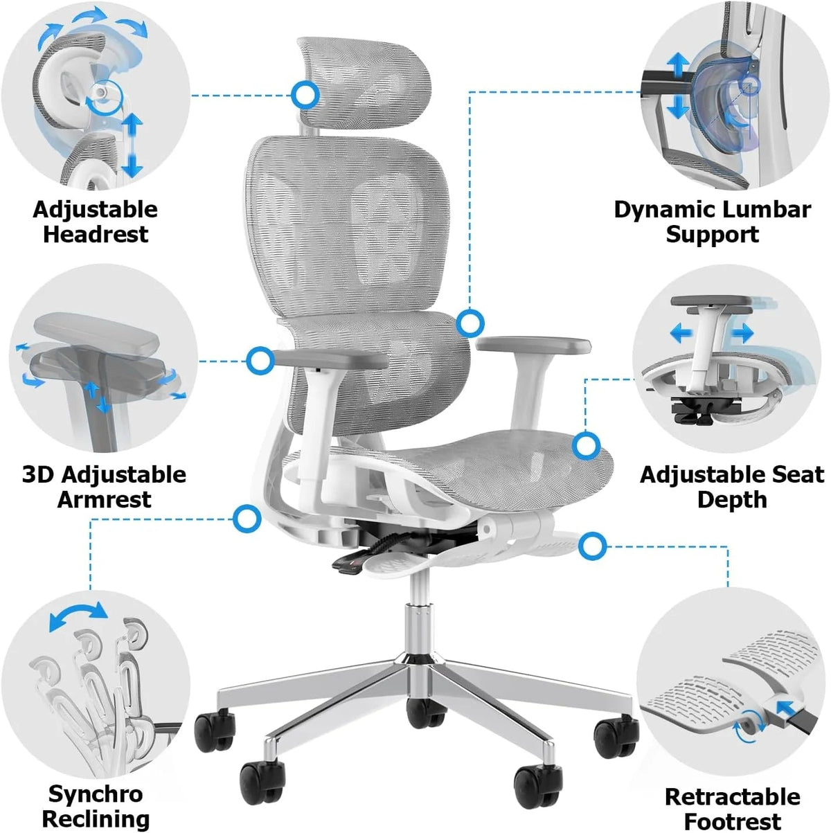 3D Ergonomic Office Chair - High Back Mesh Desk Chair with 3D Adjustable Armrests, Wheels, for Home and Office