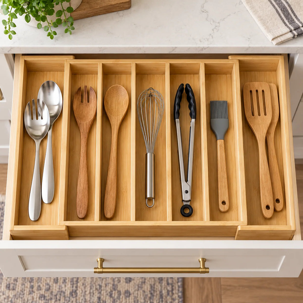 Expandable Bamboo Cutlery Drawer Organizer, 7 Compartments