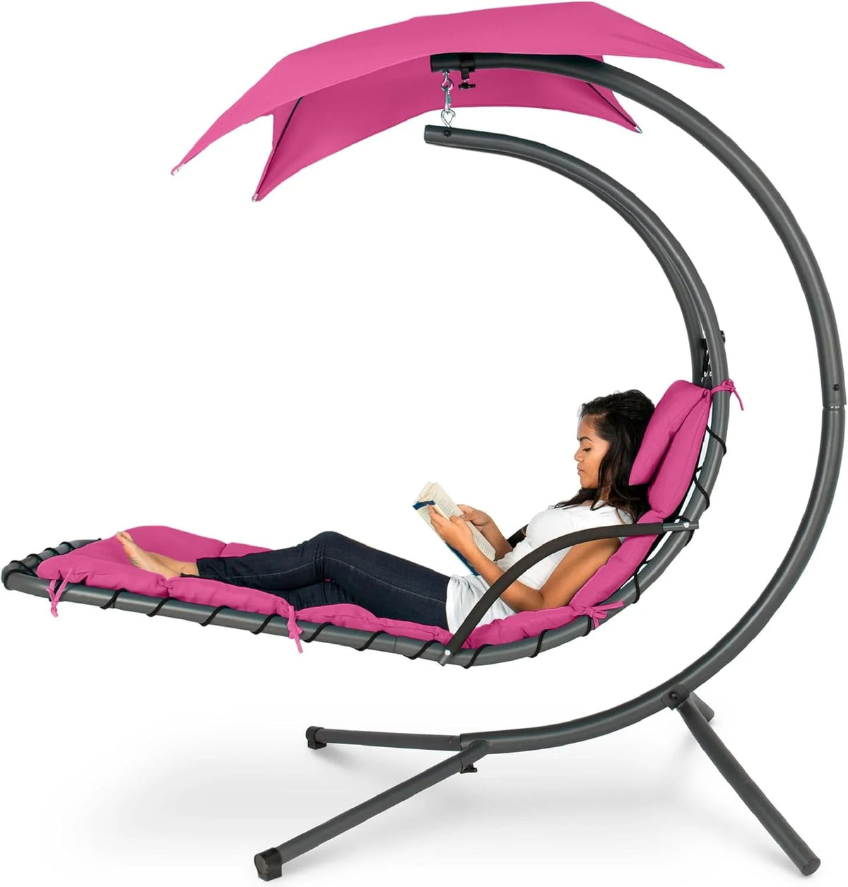 Best Choice Products Outdoor Hanging Curved Steel Chaise Lounge Chair Swing w/Built-in Pillow and Removable Canopy - Charcoal Gray