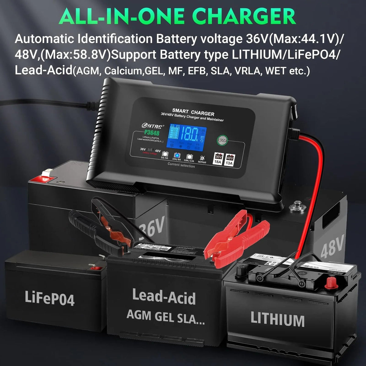 36 Volt Golf Cart Charger 18-AMP Smart Charger, Car Battery Charger,trickle CHARGER,36V,18-AMP and 48V,13-AMP,LITHIUM,LIFEPO4,LEAD-ACID…