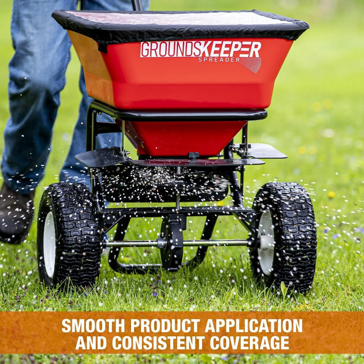 Walk Behind Push Spreader, 100LB Capacity, for Salt, Ice & Snow Melt, Included Grate & Cover with Enclosed Gearbox for Protection