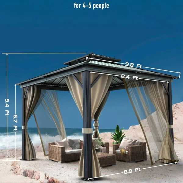 10'X10′ Hardtop Gazebo with Double Metal Roof, Aluminum Frame, Net, and Curtain. All-weather, Ideal for Patio, Deck, Garden, Backyard. Khaki