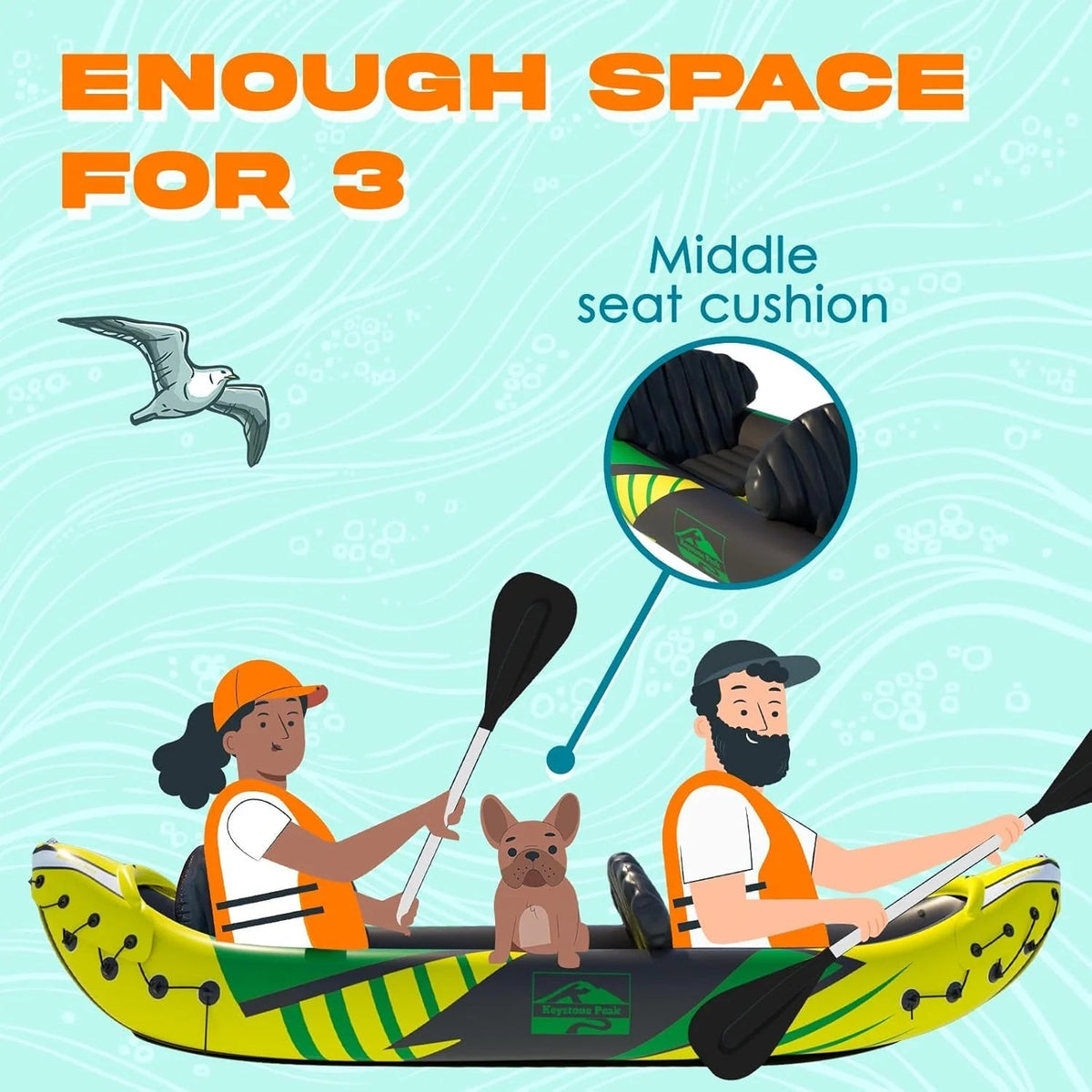 Kp Inflatable Kayak 2 Person with Sun Canopy Detachable Kayaks for Adults 3RD Seat for Dog Child Waterproof Phone Bags Adjustable