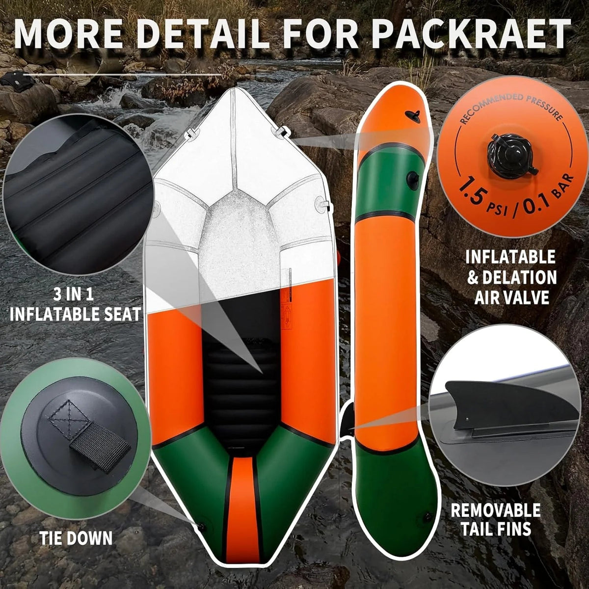 Lightweight Packrafts Tpu Inflatable Kayak for Flat Water Rafting Camping Trip Fishing Water Adventures 1 Person 2 Person Packraft 330LB 660