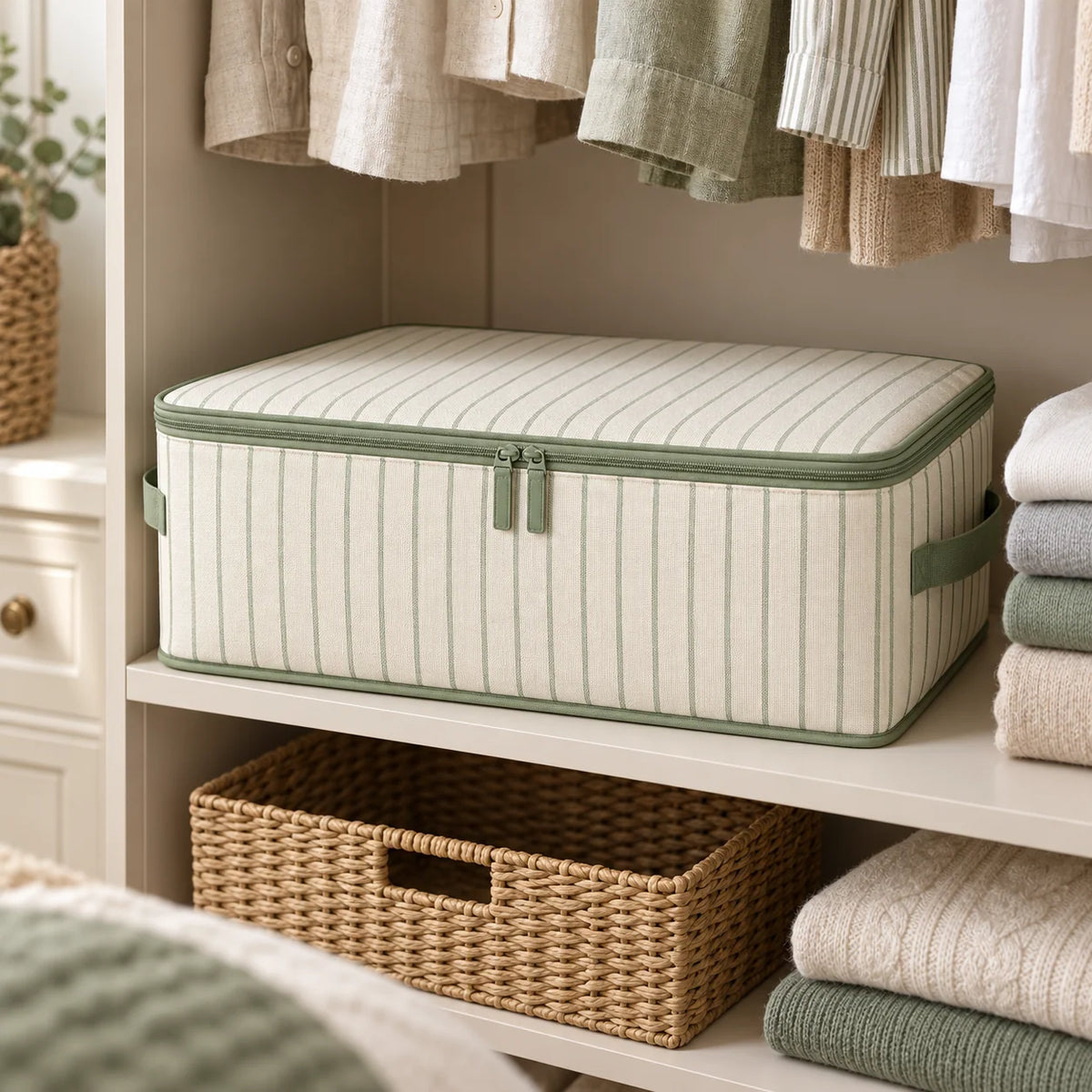 Sage Stripe Wardrobe Storage Bag, Low Profile