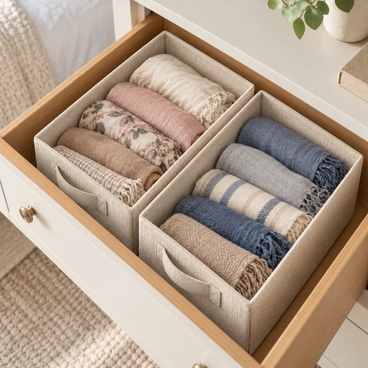 Oatmeal Deep Fabric Drawer Organizer Bins, 2-Pack