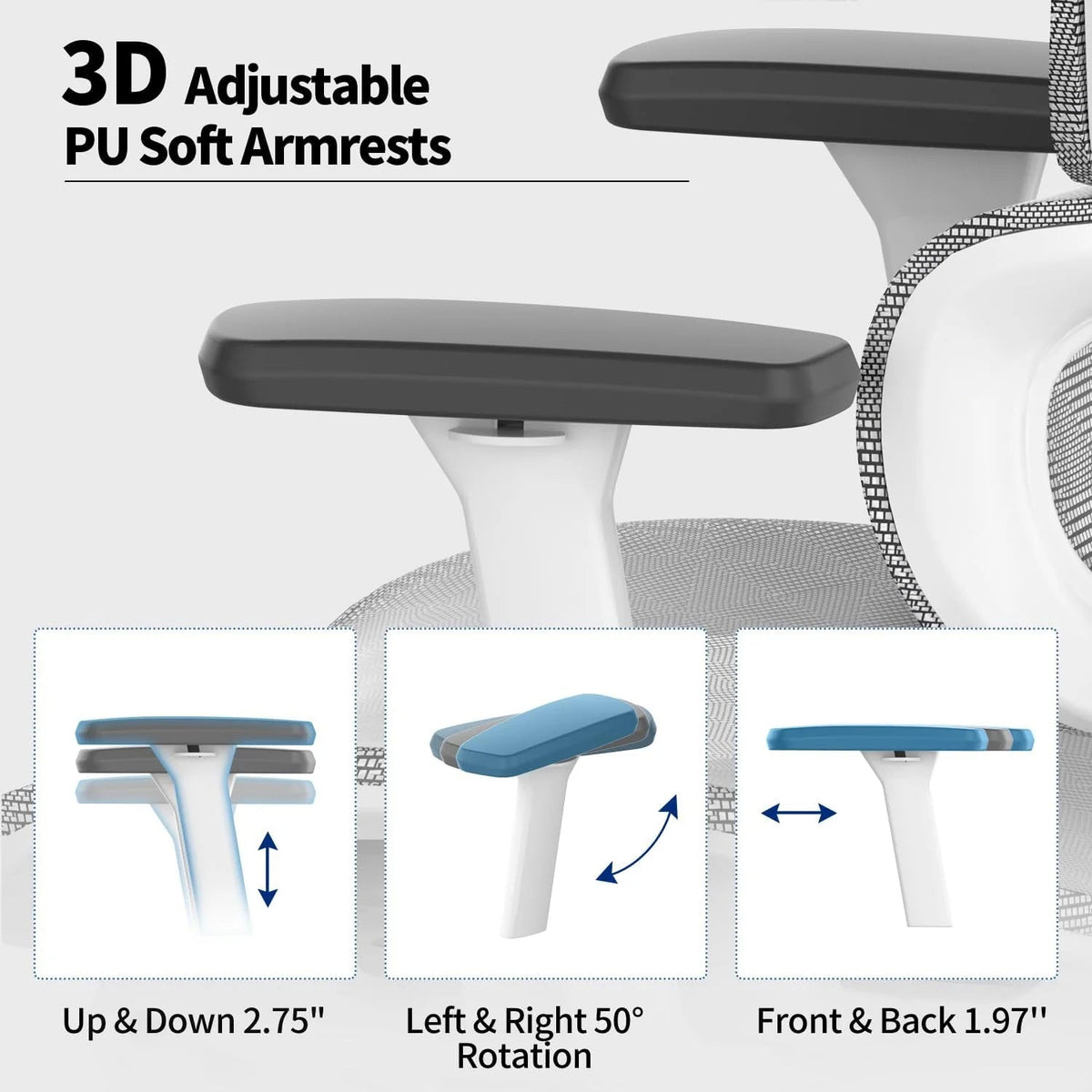 3D Ergonomic Office Chair - High Back Mesh Desk Chair with 3D Adjustable Armrests, Wheels, for Home and Office