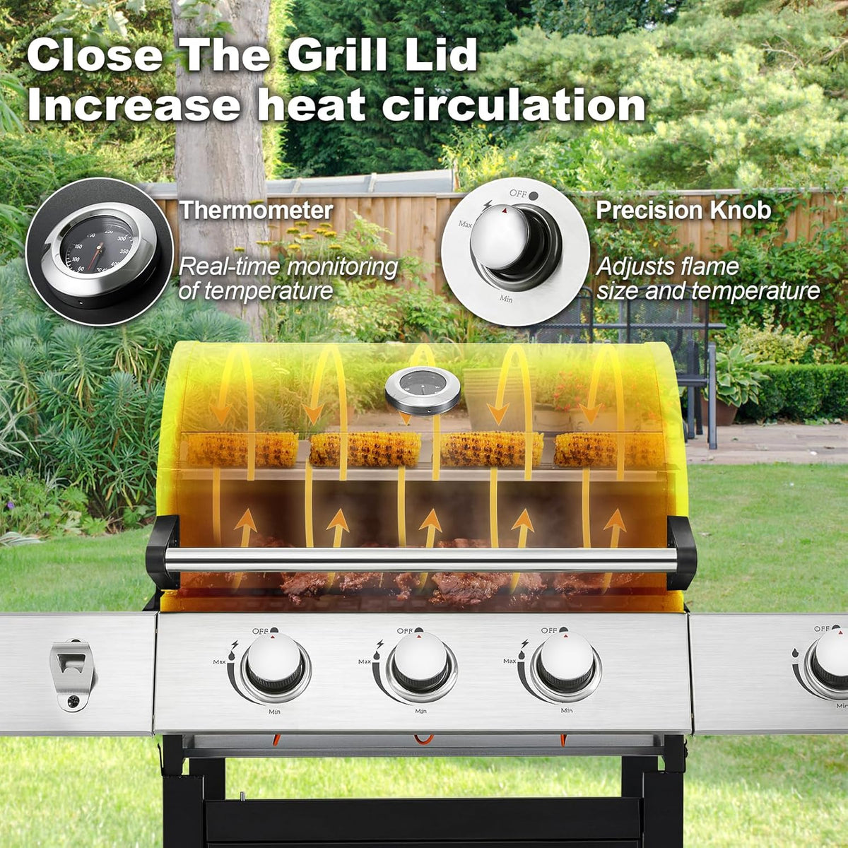 Upgraded 4 Burner Bbq Propane Gas Grill with Cast Iron Grates & Side Stove, 44,000 btu Stainless Steel Burner Barbecue Grill for Patio,…