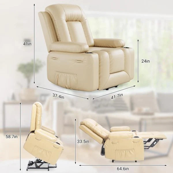 Pu Leather Power Lift Recliner Chair with Massage and Heat, Adjustable Furniture for Back, Legs w/ 3 Positions, USB Port, Side Pocket…
