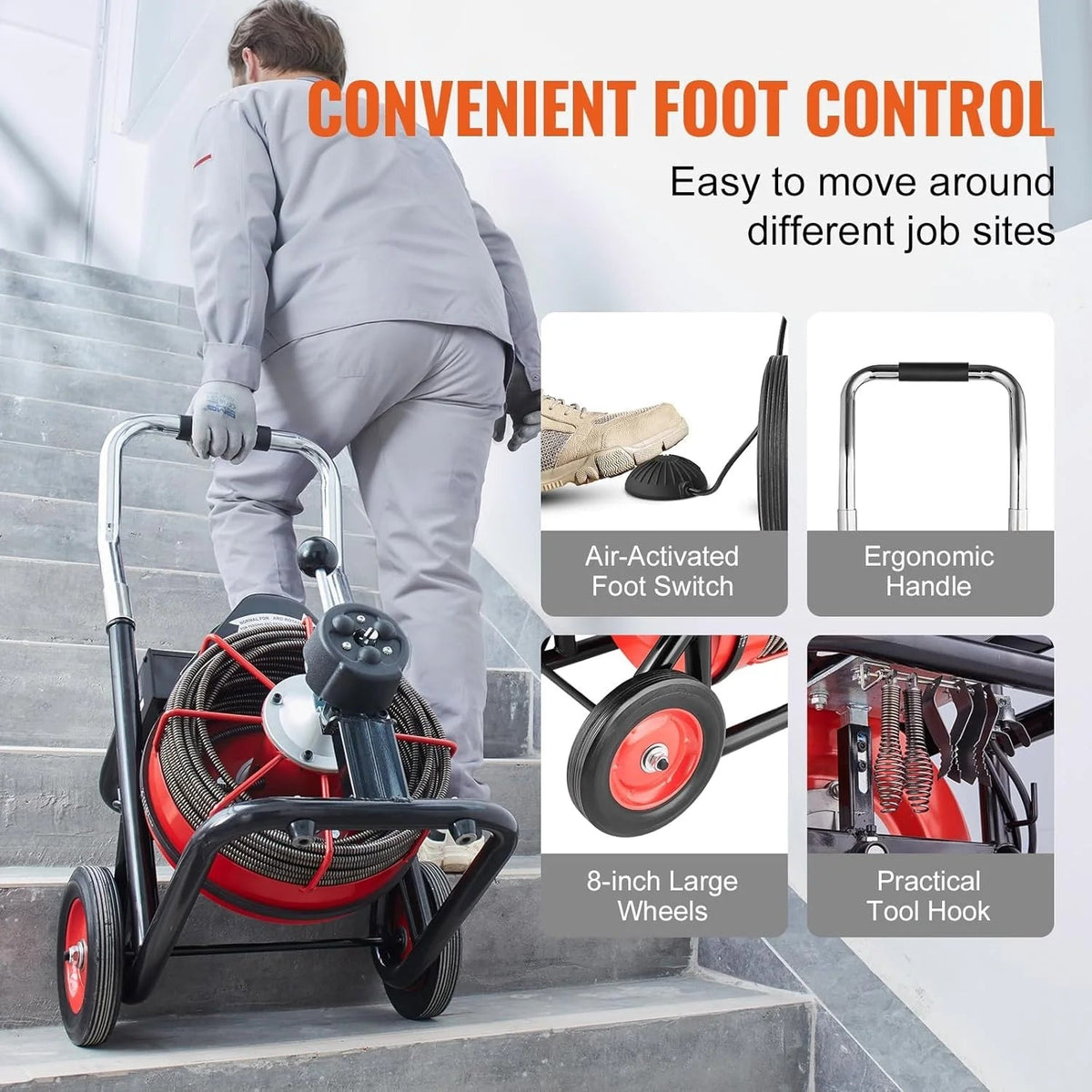 Drain Cleaner Machine 100FT X 1/2 Inch, Auto Feed Sewer Snake Auger on Wheels, 550W Portable Drain Cleaning Machine with 8 Cutters &…