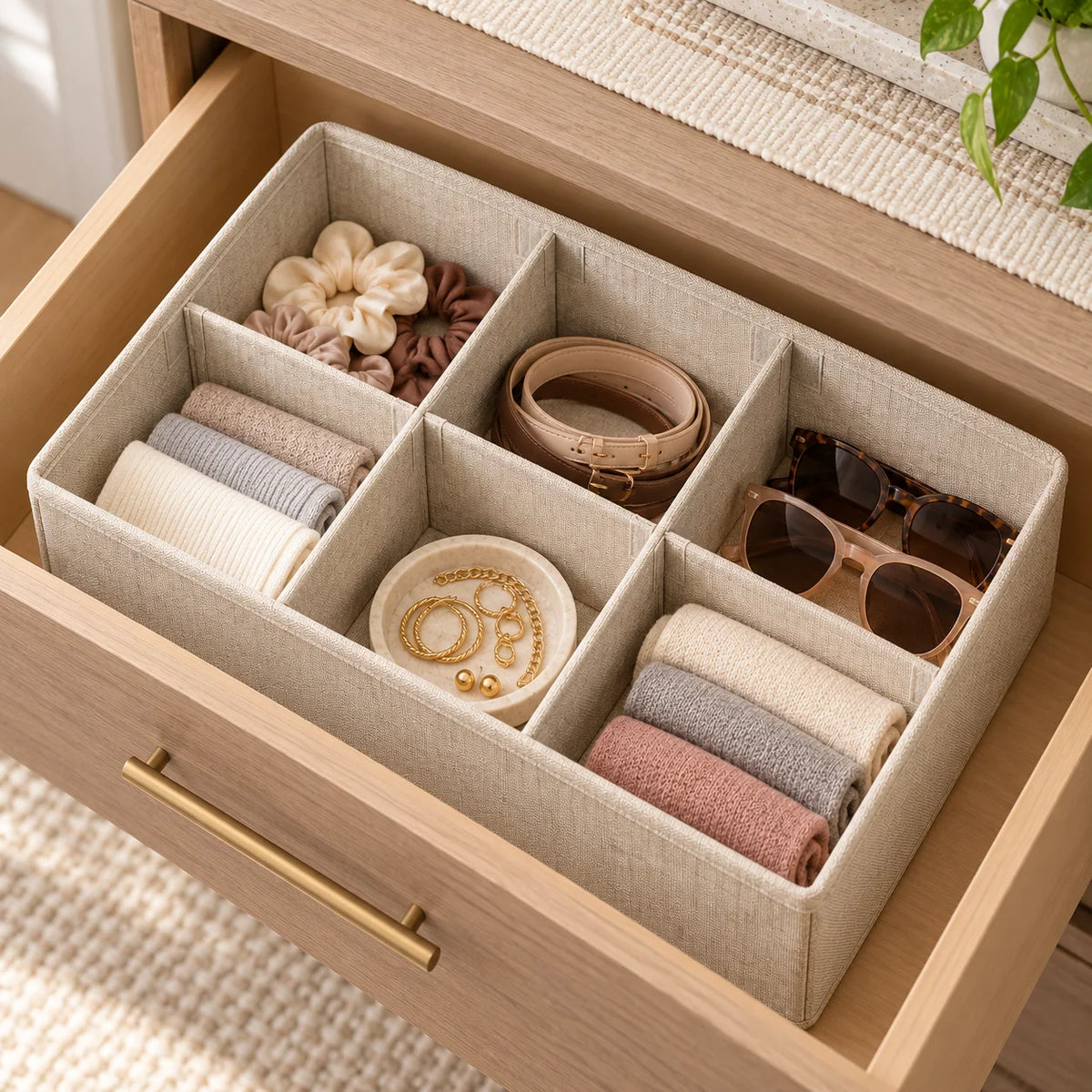 Oatmeal Fabric Drawer Organizer with Removable Dividers