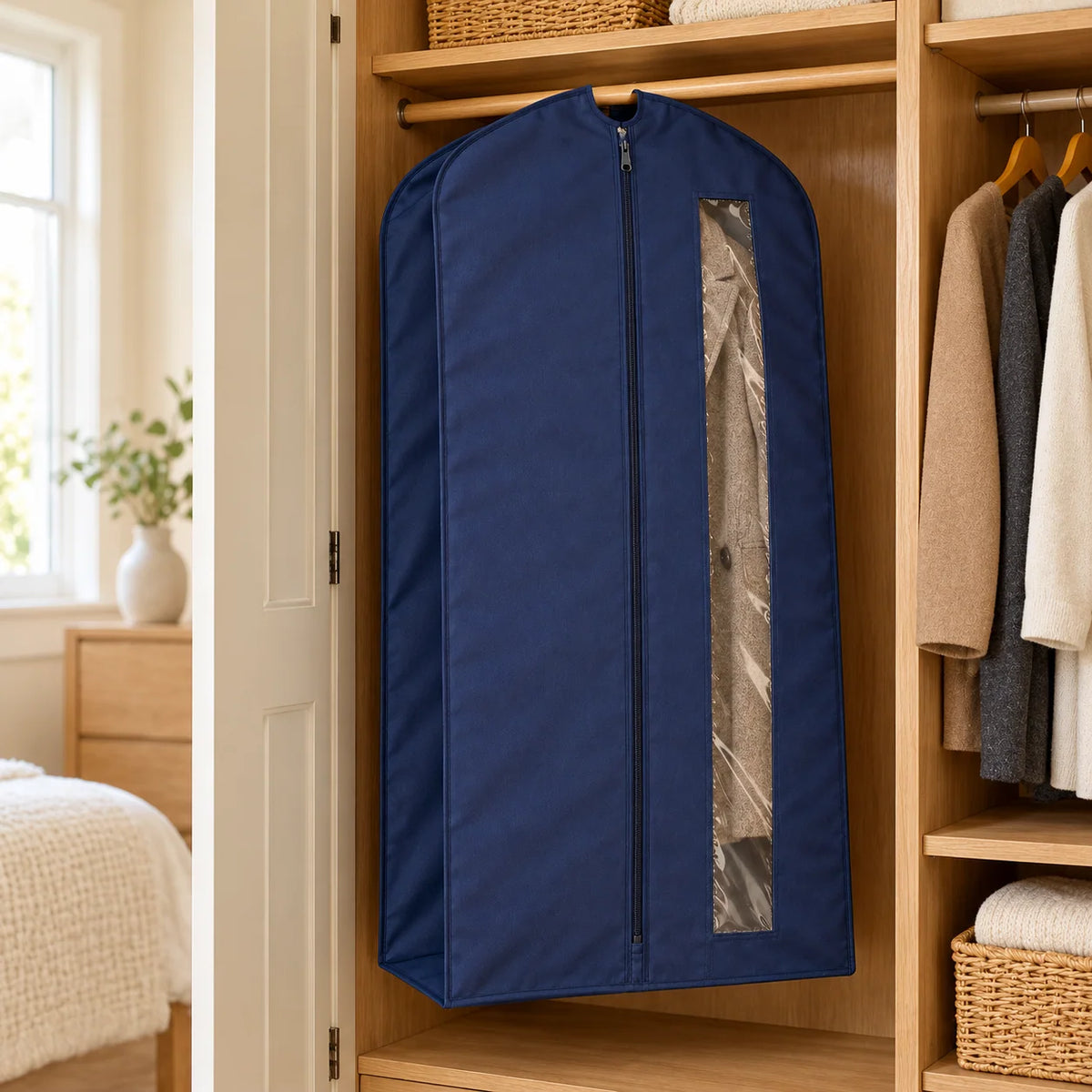 Navy Windowed Garment Cover, Wide Gusset