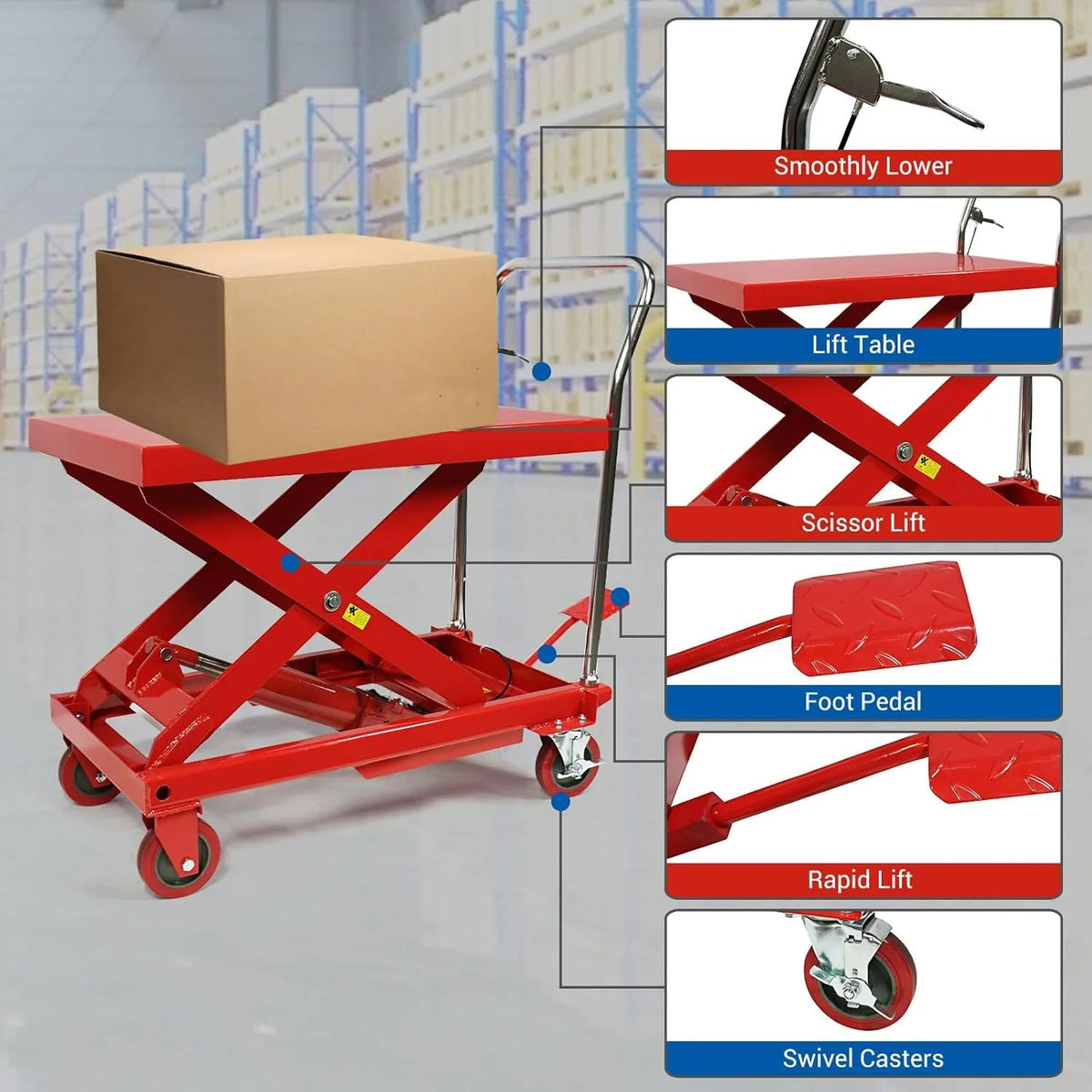 660LBS Hydraulic Lift Table Cart - 31" Lift Height, Double Scissor Design with 4 Wheels & Non-slip Pad for Material Handling