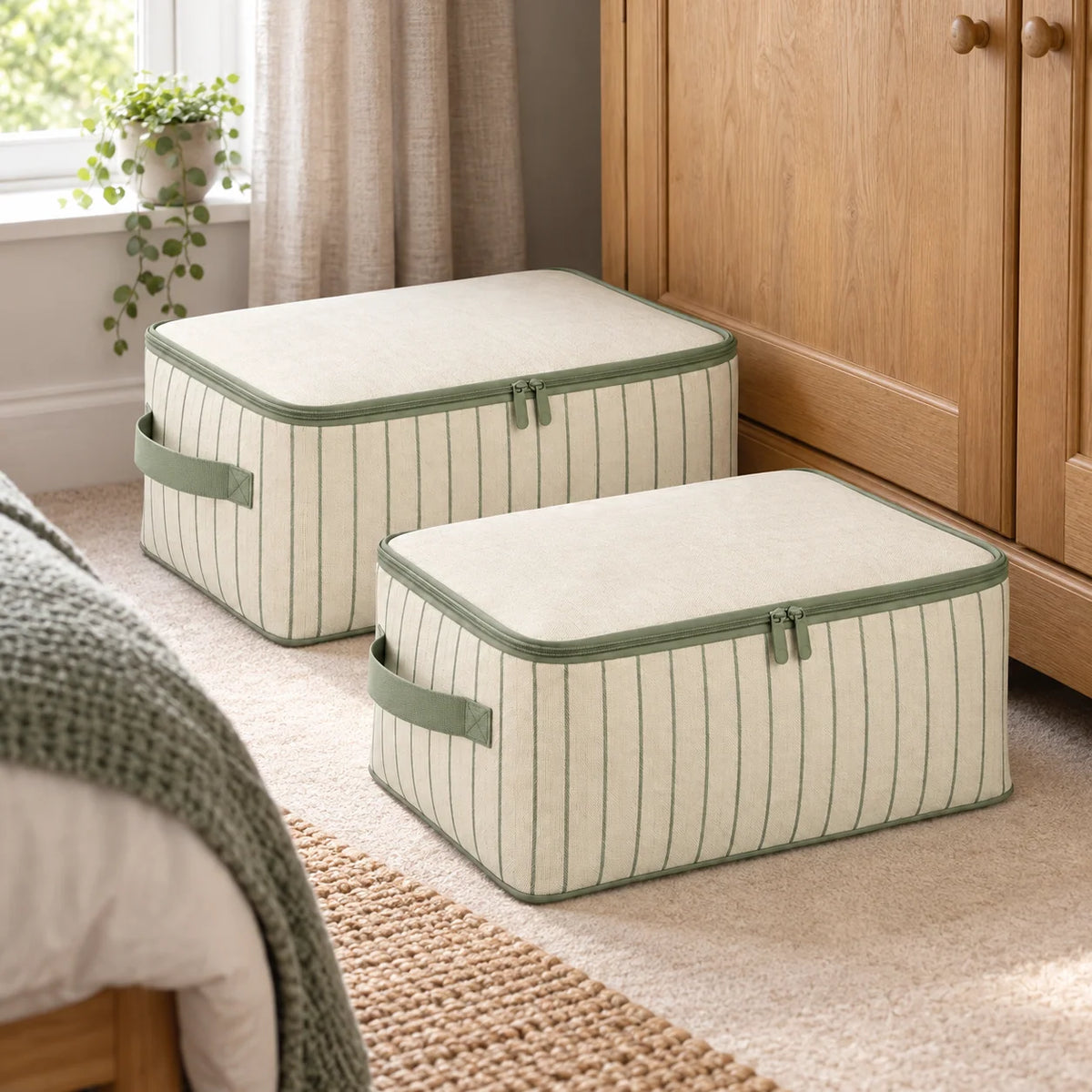 Sage Stripe Clothes Storage Bags, Matching 2-Pack
