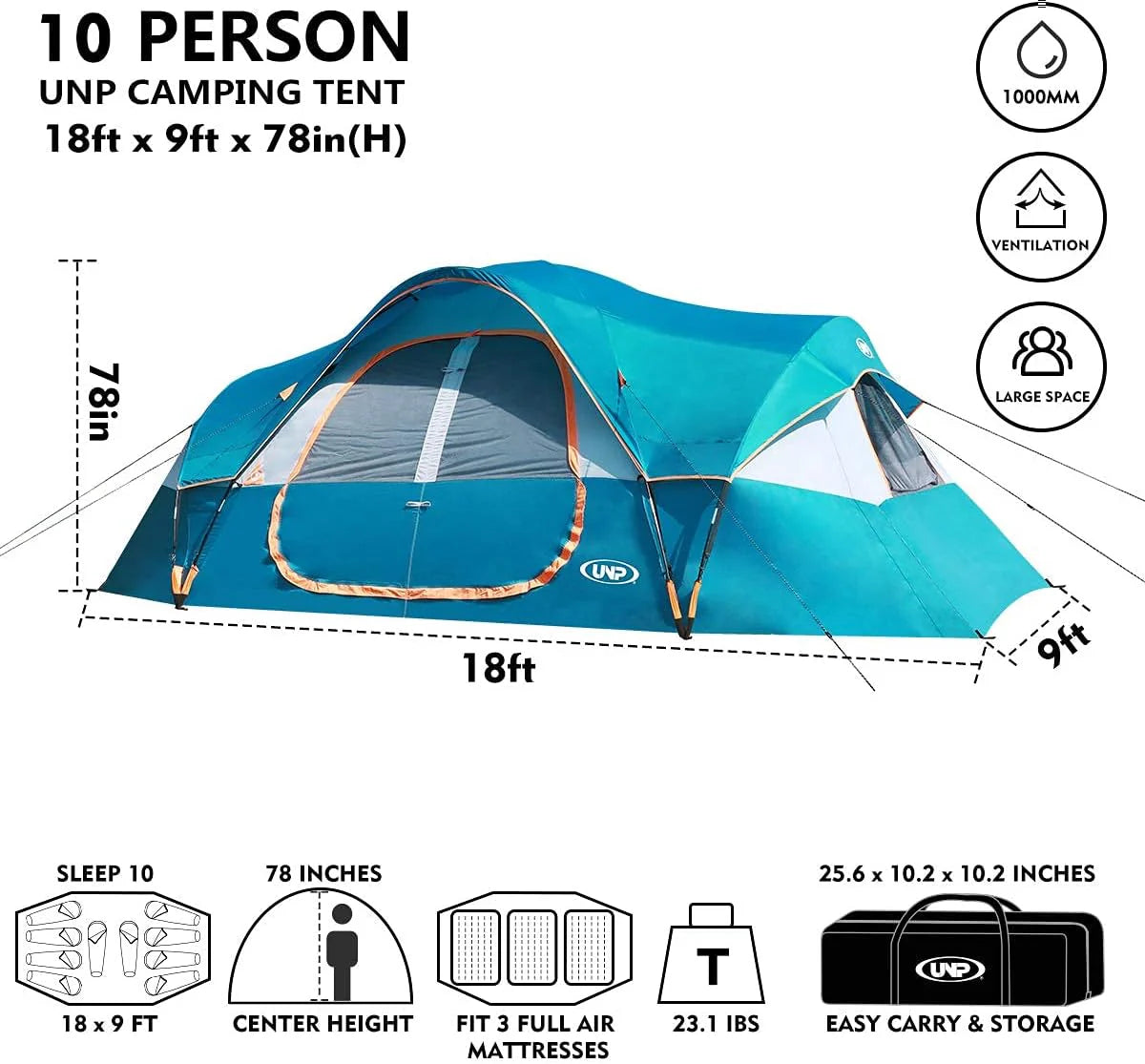 Camping Tent 10-PERSON-FAMILY Tents, Parties, Music Festival Tent, Big, Easy Up, 5 Large Mesh Windows, Double Layer, 2 Room, Waterproof,…
