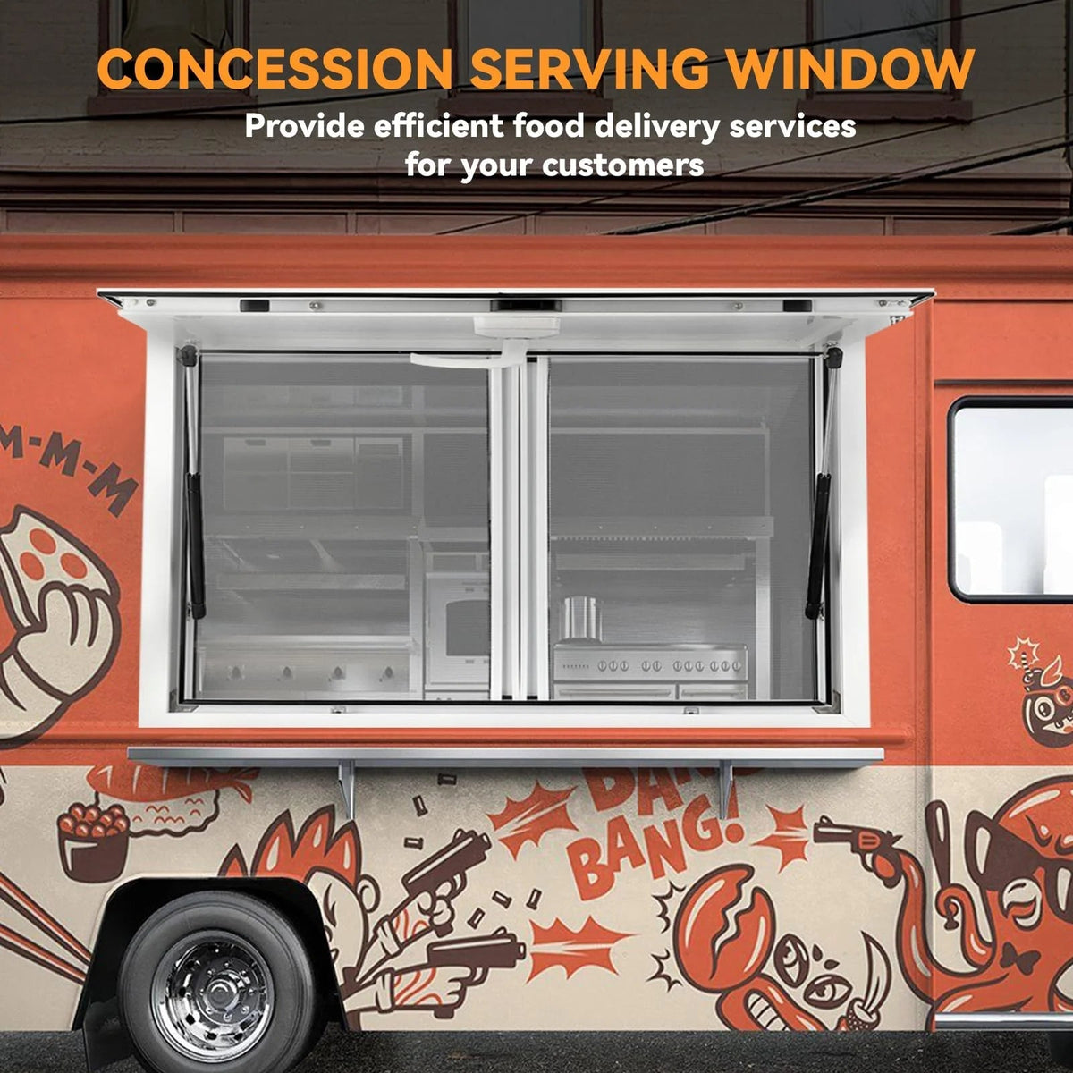 Concession Window 36W X 36H Aluminum Alloy Food Truck Service Window with Sliding Screens & Awning Door, Hydraulic Lift, Locking Mechanism,…