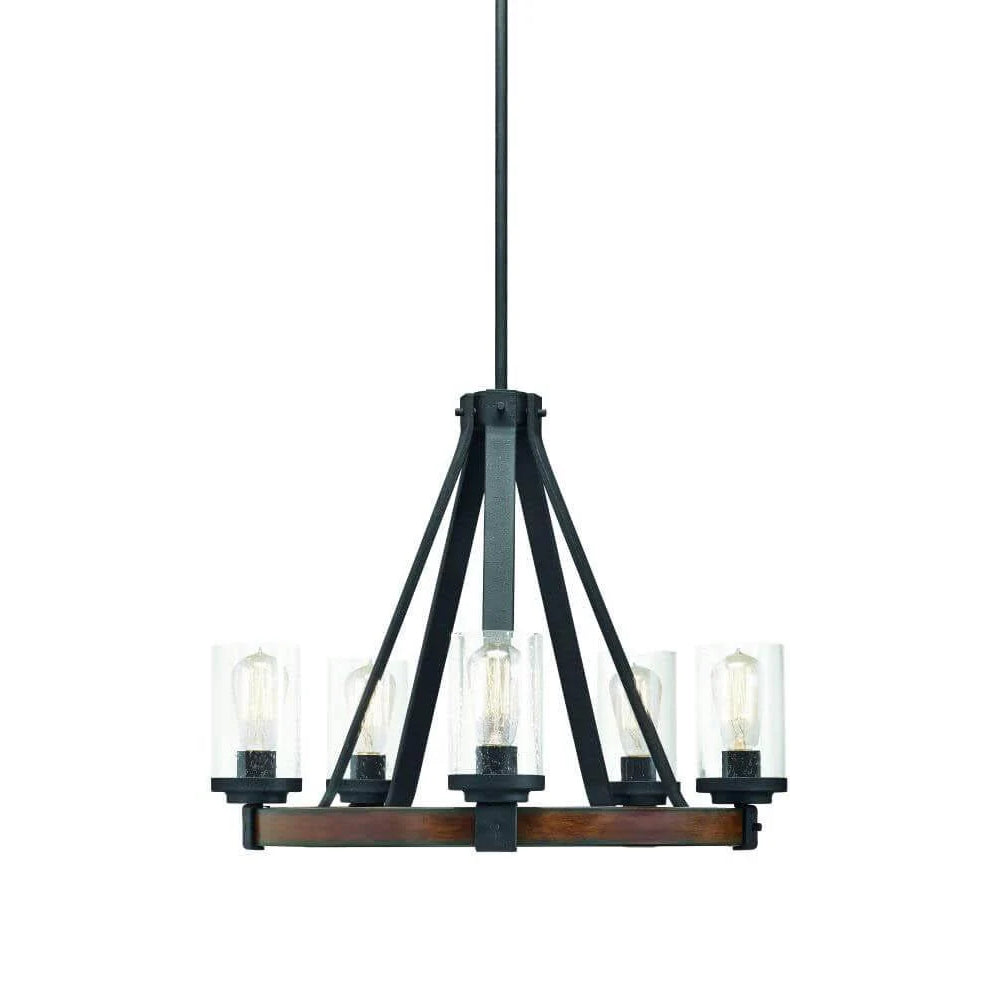 5-LIGHT Distressed Black and Wood Tone Rustic Clear Glass Candle Chandelier