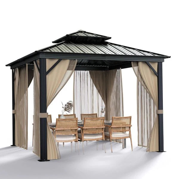 10'X10′ Hardtop Gazebo with Double Metal Roof, Aluminum Frame, Net, and Curtain. All-weather, Ideal for Patio, Deck, Garden, Backyard. Khaki