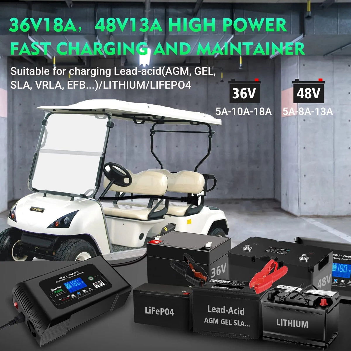 36 Volt Golf Cart Charger 18-AMP Smart Charger, Car Battery Charger,trickle CHARGER,36V,18-AMP and 48V,13-AMP,LITHIUM,LIFEPO4,LEAD-ACID…