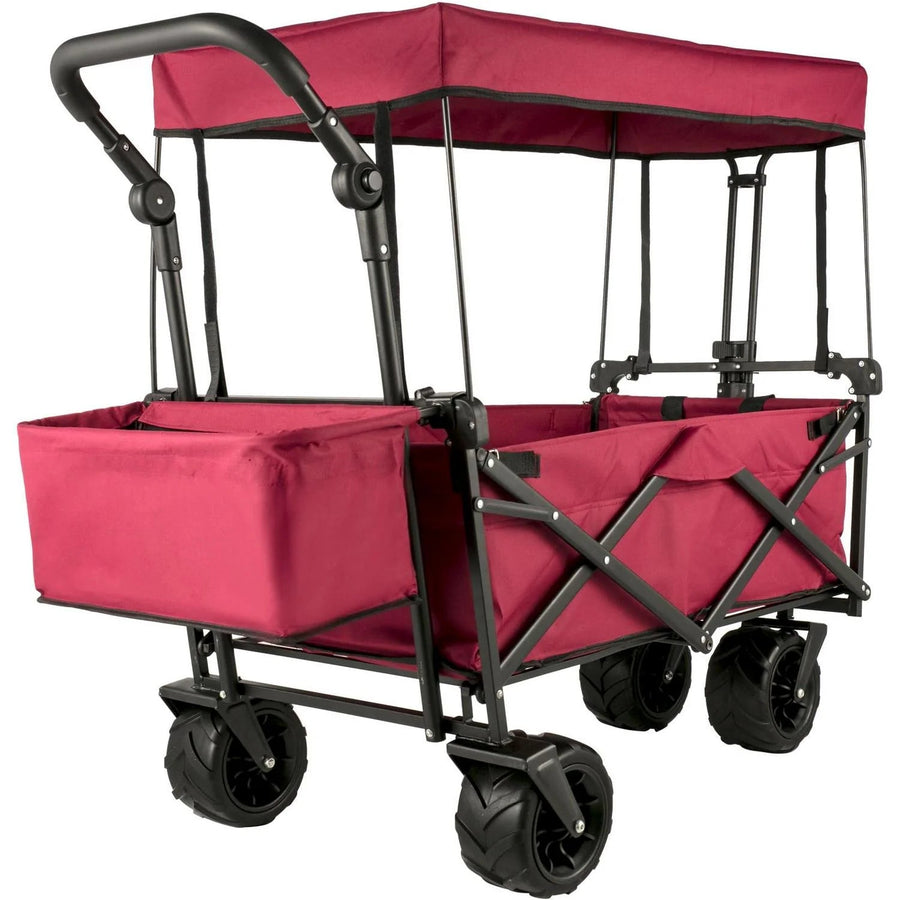 Red Collapsible Wagon Cart with Canopy, 360ÆŽ3 Wheels, Adjustable Handles, 220 lbs Capacity for Beach & Garden