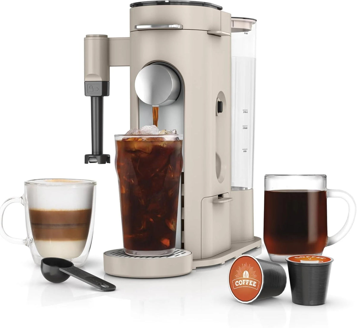 Single-serve Coffee Maker, K-cup Pod Compatible, Brews Grounds, Built-in Milk Frother, 68-OZ. Reservoir, 24-OZ. Mug Sizes