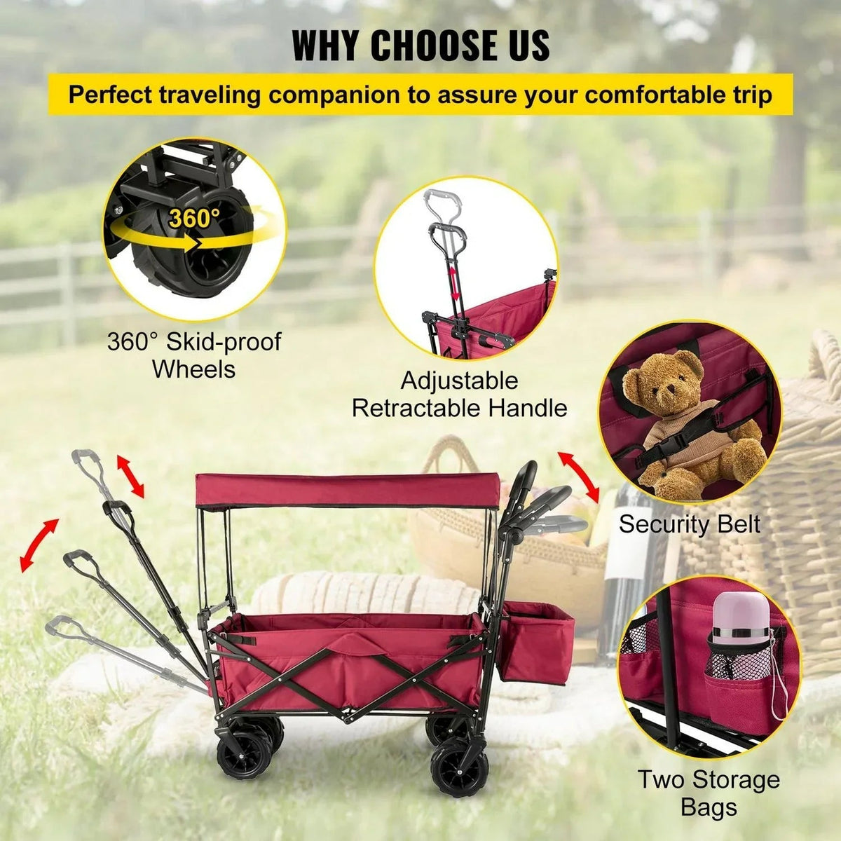 Red Collapsible Wagon Cart with Canopy, 360° Wheels, Adjustable Handles, 220 lbs Capacity for Beach & Garden