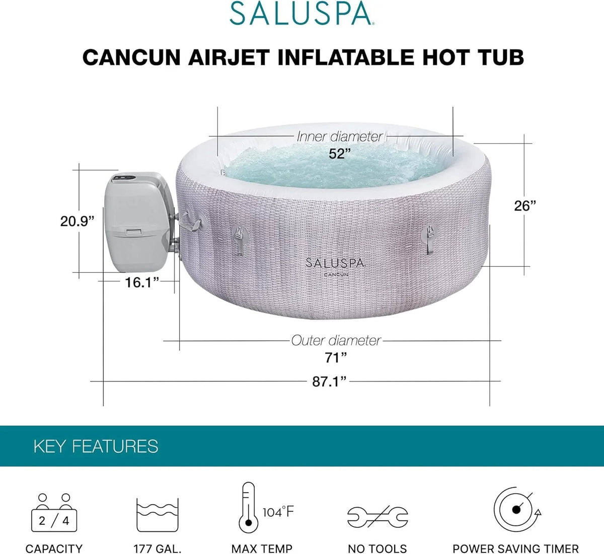 Large Round 2 to 4 Person Inflatable Hot Tub Portable Outdoor Spa with 120 Airjets and Energysense Cover, Grey