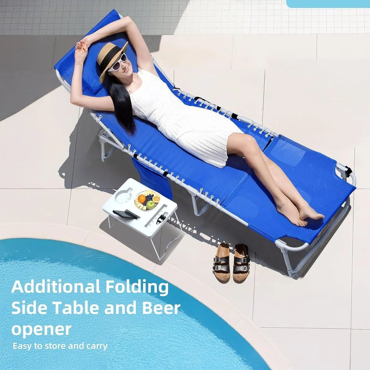 3-IN-1 Outdoor Sun Tanning Lounge Chair with Face Hole - 5-POSITION Recliner, Folding Side Table & Removable Pillow, 330LBS Capacity, Blue