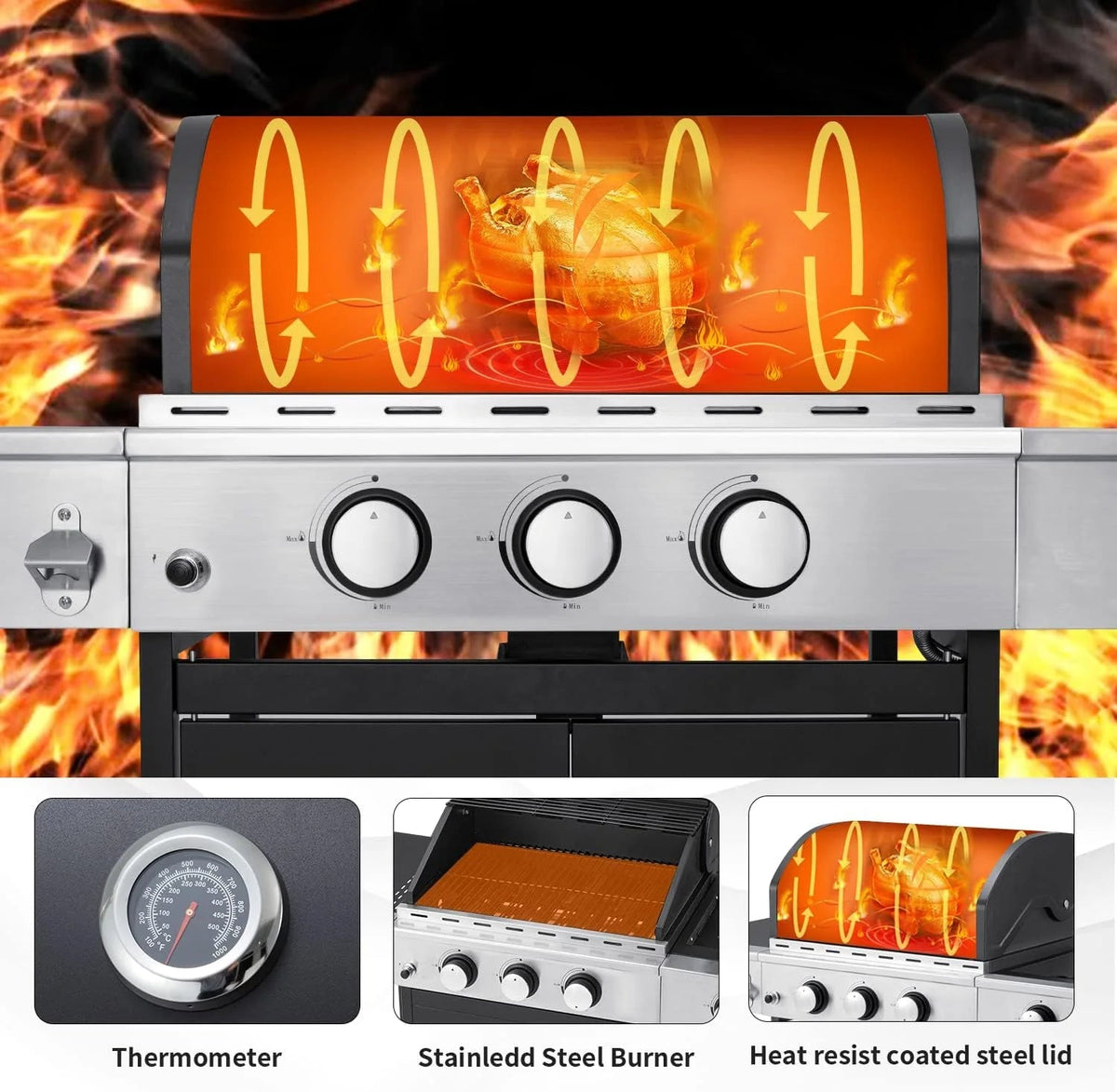 Upgraded 4 Burner Bbq Propane Gas Grill with Cast Iron Grates & Side Stove, 44,000 btu Stainless Steel Burner Barbecue Grill for Patio,…