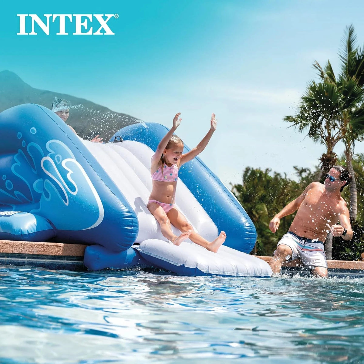 Inflatable Water Slide Swimming Pool Play Center with Built in Sprayers for Kids and Adults, Ages 6 and Up, Blue