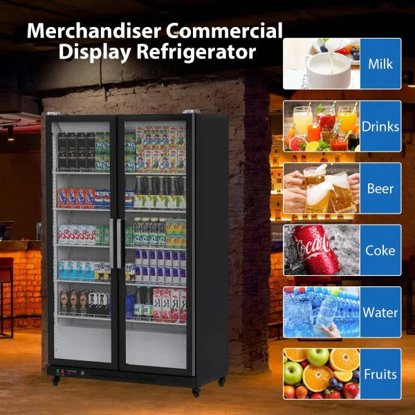 Commercial Refrigerator, Glass Door with LED Lighting - Upright Beverage Display Cooler for Home, Store, Gym, or Office, Featuring Double…