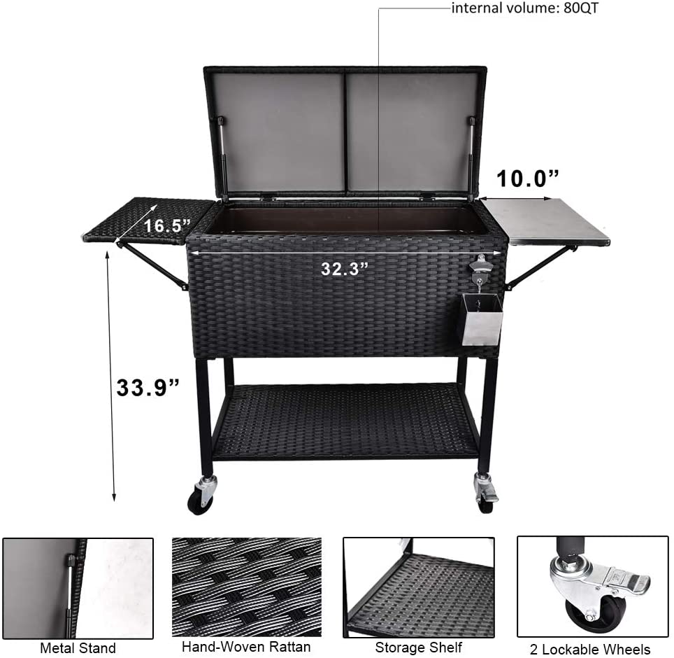 80 quart Rattan Rolling Cooler Cart, Portable Wicker Cooler Trolley, Backyard Party Drink Beverage Bar
