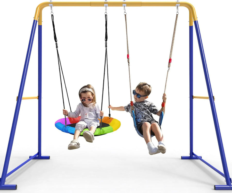 Swing Sets for Backyard, Toddler Swing Set with 2 Seat 1 Saucer & 1 Belt Seat, 440LBS Heavy-duty Swing Frame W/8 Ground Stakes, a Frame…