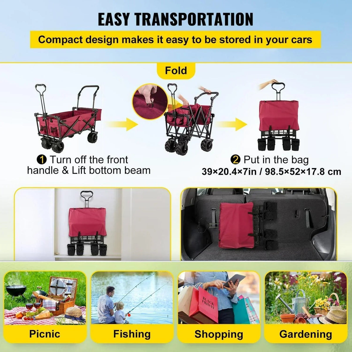 Red Collapsible Wagon Cart with Canopy, 360° Wheels, Adjustable Handles, 220 lbs Capacity for Beach & Garden
