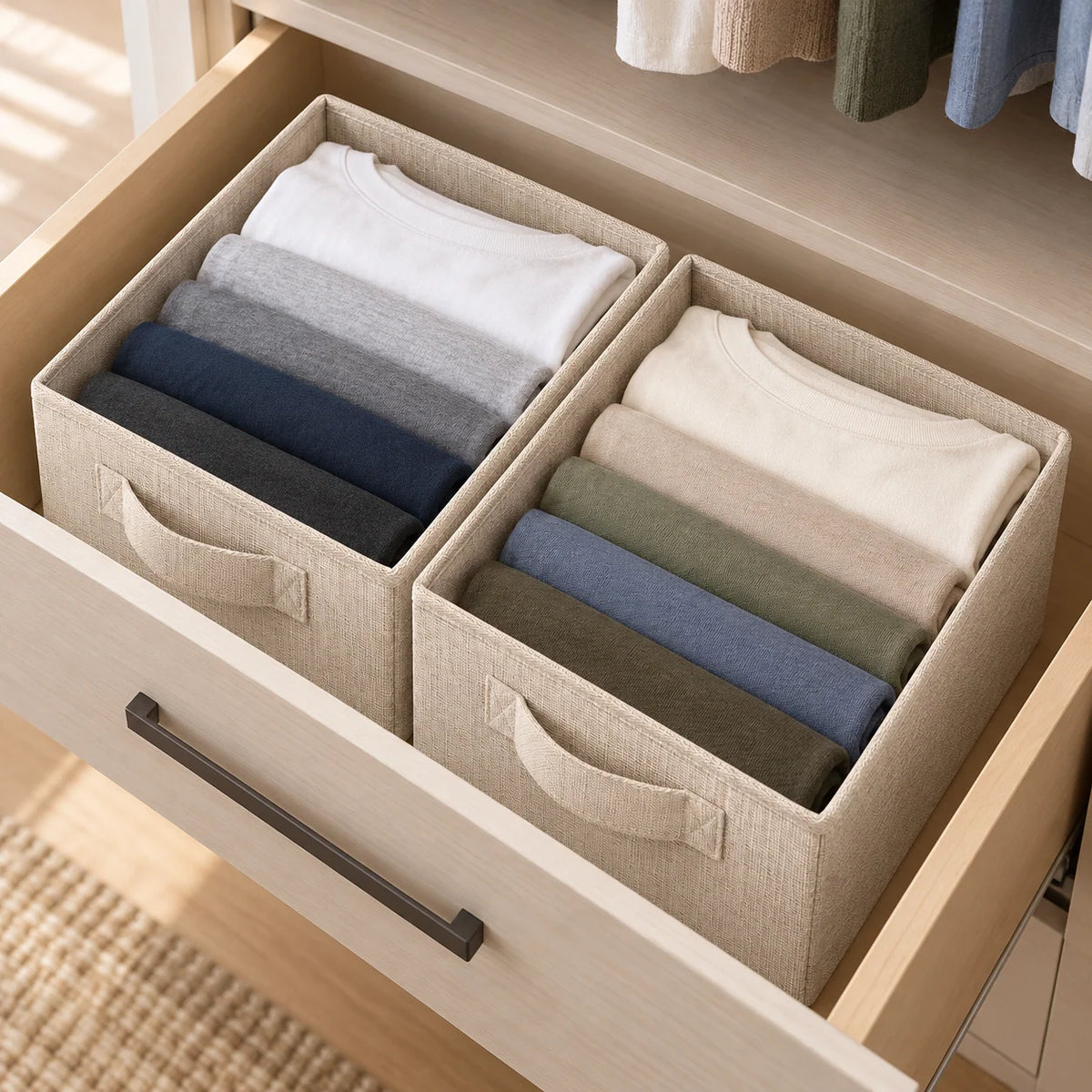 Oatmeal Deep Fabric Drawer Organizer Bins, 2-Pack