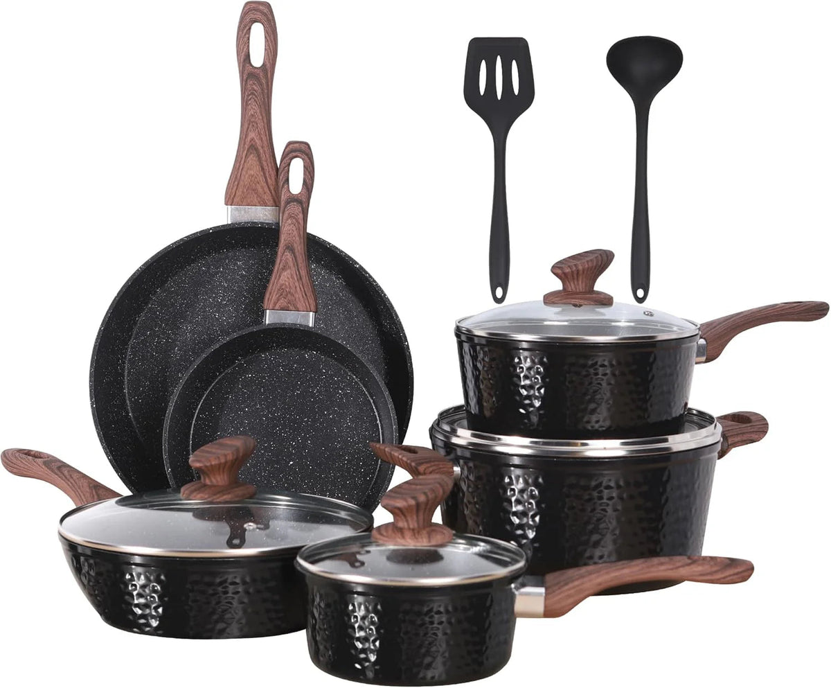 Induction Cookware Sets - 12 Piece Cooking Pan Set, Granite Black Nonstick Pots and Pans Set